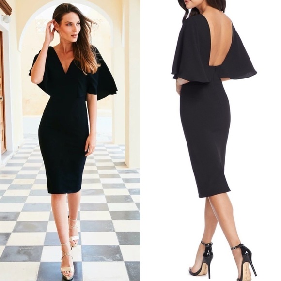 Dress The Population Black Louisa Flutter-Sleeve Midi Dress Size Small NWT - Picture 1 of 7